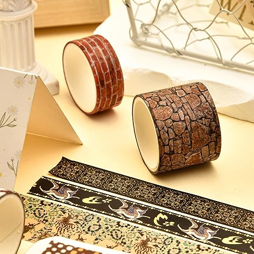 8 Rolls Retro Washi Tape Set Vintage Arts Adhesive Tapes Wide Painting Patterned Decorative Masking Tape Sets for Craft, Kids, Scrapbook, DIY, Gift Wrapping (Stone Texture)