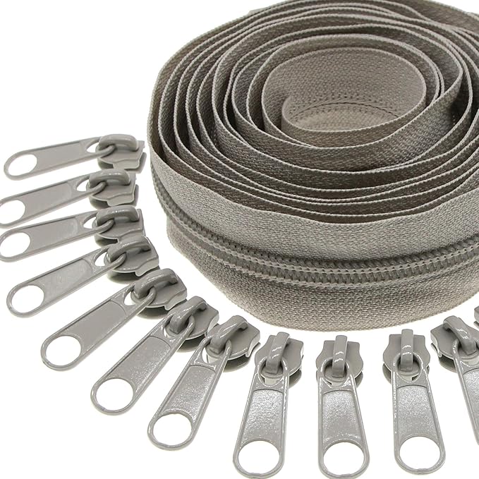 Leekayer #3 Gray Nylon Coil Zippers by The Yards Bulk 10 Yards with 25pcs Sliders for DIY Tailor Sewing Craft,Bag,Luggage,Dress,Sofa Cushion,Pillow(Grey)