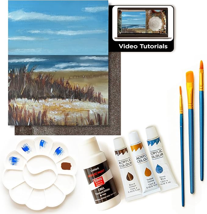 Painting4Real DIY Art Painting Kit for Adults – Learn to Paint Hamptons Shore with Video Tutorials – 9 Pieces Acrylic Paint Set for Adults –Perfect Christmas Crafts & Holiday Gifts for Art Lovers