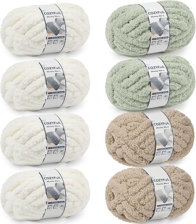 Chunky Yarn for Hand Knitting - #10 Chunky Chenille Yarn, Jumbo Big Thick Chunky Yarns for Crocheting, Super Bulky Chunky Knit Blanket Yarns, 8 Skein (25yd, 8oz/Skein), Cream & Sage & Khaki