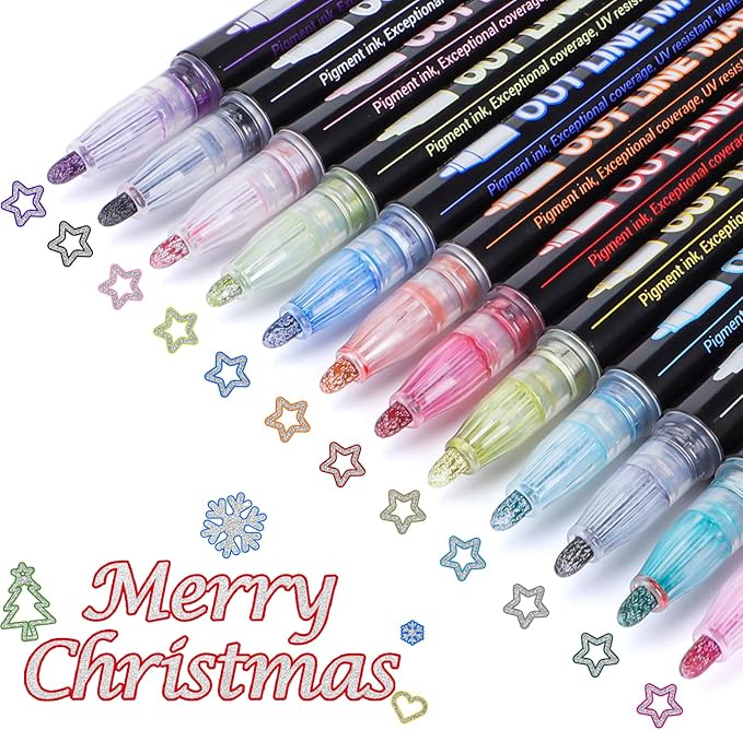 Shimmer Markers Double Line Outline Markers, 12 Colors Metallic Glitter Pens Set for Drawing, Art Supplies, Arts Crafts, Gifts for 4-12 Year Old Girl Kids Teens