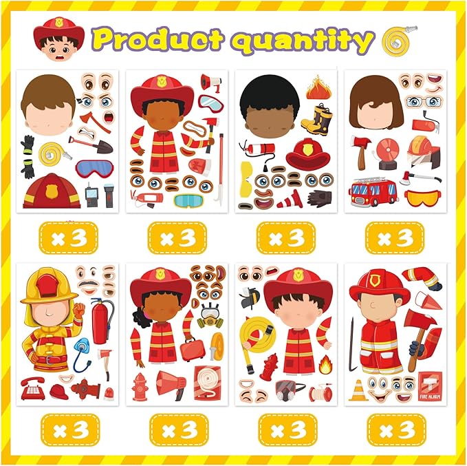 24 Sheets Firefighter Stickers for Kids, Make-a-face Fireman Stickers Sheets, Fireman Themed Sticker Party Favor Supplies Craft School Fire Education Teacher Reward