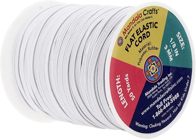 Mandala Crafts 3mm 50 Yds Roll of White Elastic Bands for Sewing - 1/8 Flat Elastics Cord - 1 8 Inch Braided Stretch Straps for Crafting