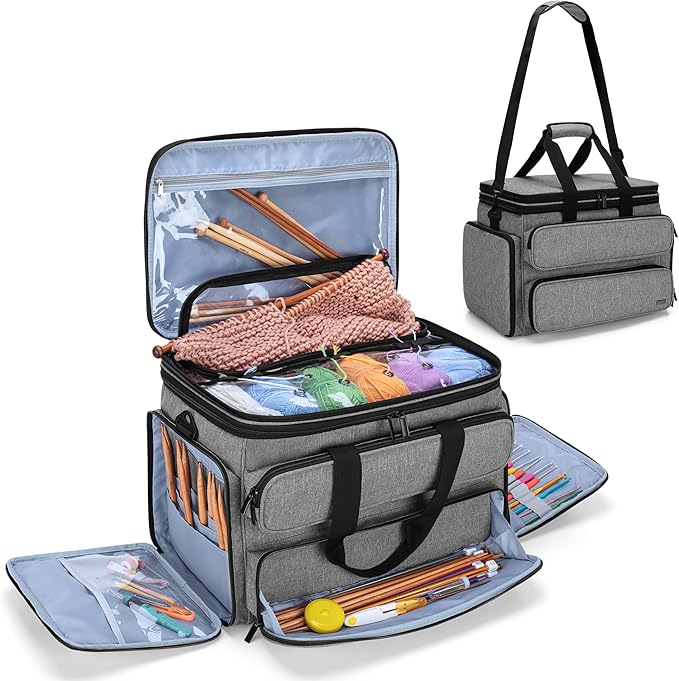 Yarwo Knitting Yarn Bag, Portable Crochet Storage Tote with Double Top Cover and Yarn Holes for Knitting Needles(Up to 14”), Unfinished Projects and Skeins of Yarn, Gray