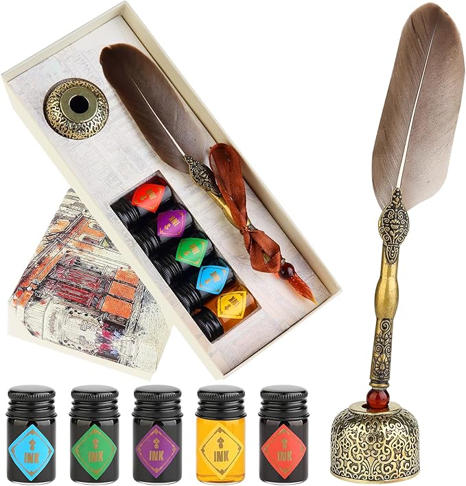 GC QUILL Feather Glass Dip Pen and Ink Set, Glass Calligraphy Pen with 5 Colors Ink and Pen Holder for Writing Drawing– MU-21