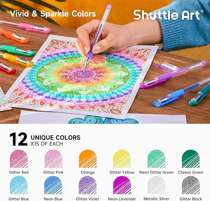 Shuttle Art Gel Pens, 180 Pack Gel Pens Set, 12 Assorted Colors Bulk Classroom Pack for Adults Coloring Books Drawing Doodling Crafts Journaling