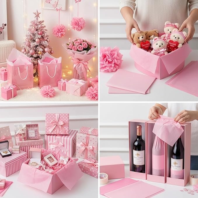 Qilery 500 Sheets Pink Tissue Paper Bulk for Gift Bags 20 x 30 Inch Acid Free Wrapping Paper Sheets for Valentine's Day Decoration DIY Crafts, Packing Supplies for Moving, Wedding Party, DIY Flowers