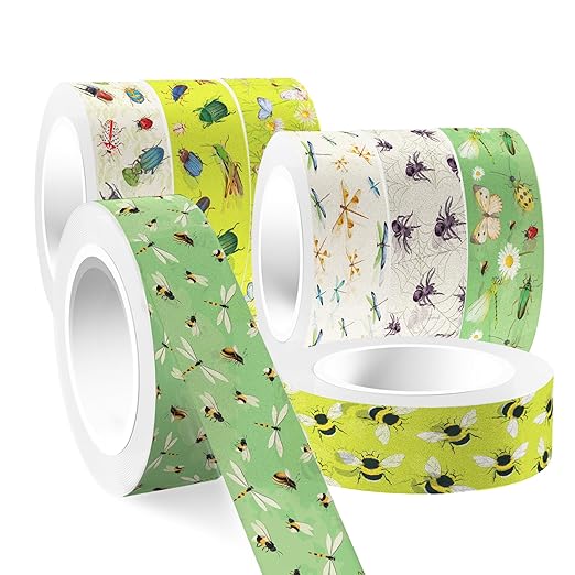 12 Pcs Insect Washi Tapes Set Ladybug Bees Dragonflies Butterflies Flowers Pattern Masking Tape Insect Themed Decorative Tape Insect Printed Decorative for DIY, Planner, Scrapbooking, and Party Decor