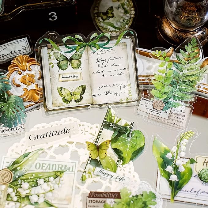 240 Pieces Vintage Writing-Themed Aesthetic Stickers, Waterproof PET Decals for Scrapbooking, Bullet Journals, Planners, Flower, Butterfly, Writing Paper, Envelope Stickers for Adult DIY Crafts