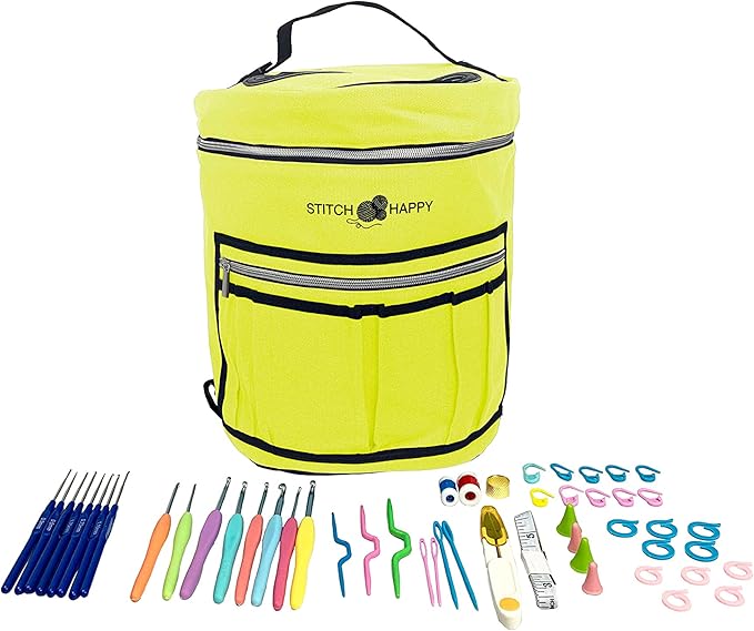 Stitch Happy Designer Crocheting Kit: 52 Piece Crochet Kit for Beginners & 7 Pocket Yarn Bag, Signature Yarn Storage - Sunshine