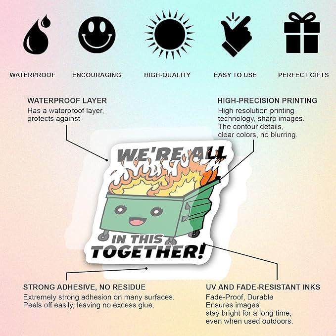 BEATRI Dumpster fire Stickers 50Pcs Vinyl Waterproof Decals for Water Bottles, Journaling,Laptop, Skateboard, Computer, Phone & Travel Gear | Non-Repeating Decals, High-Definition Print