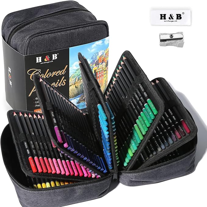 H & B 180 Colored Pencils for Adult Coloring, Drawing Art Supplies Kit for Artists Adults Kids with Vibrant Colors for Sketching, Shading & Coloring in Gift Box, Sketching Kit for Drawing