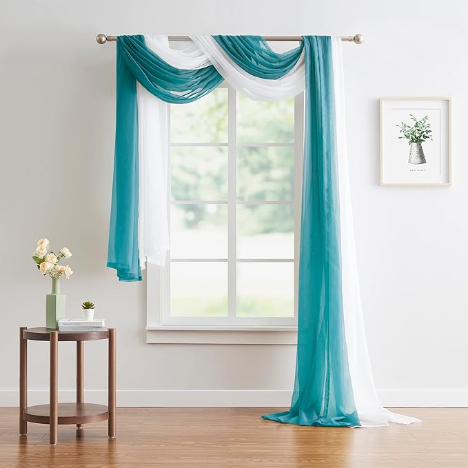 WARM HOME DESIGNS Wedding Arch Draping Fabric Bundle Has 2 288 Inch (24 Feet) Scarves in Teal & White Fabric Colors for Wedding Ceremony or Photoshoot Decoration. AD White & Teal 288”