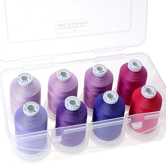 New brothread - 18 Options - Multi-Purpose 100% Mercerized Cotton Thread 50S/3 600M Each Spool for Quilting, Serger, Sewing and Embroidery - 8xCandy(Different Purple) with Clear Plastic Storage Box