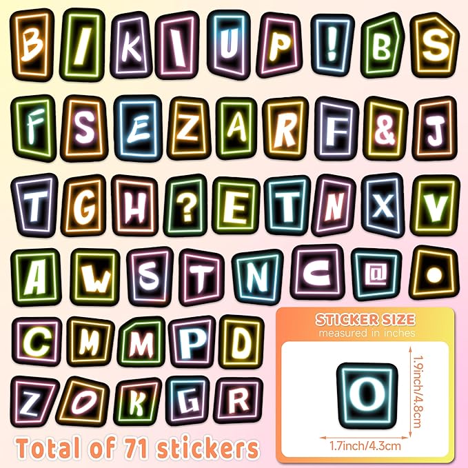 70 Pcs Alphabet Neon Stickers for Kids Glow in The Dark, Vinyl Letters A-Z Water Bottle Decals for Teens, Waterproof Skateboard Decor for Adults Kids Girls Boys