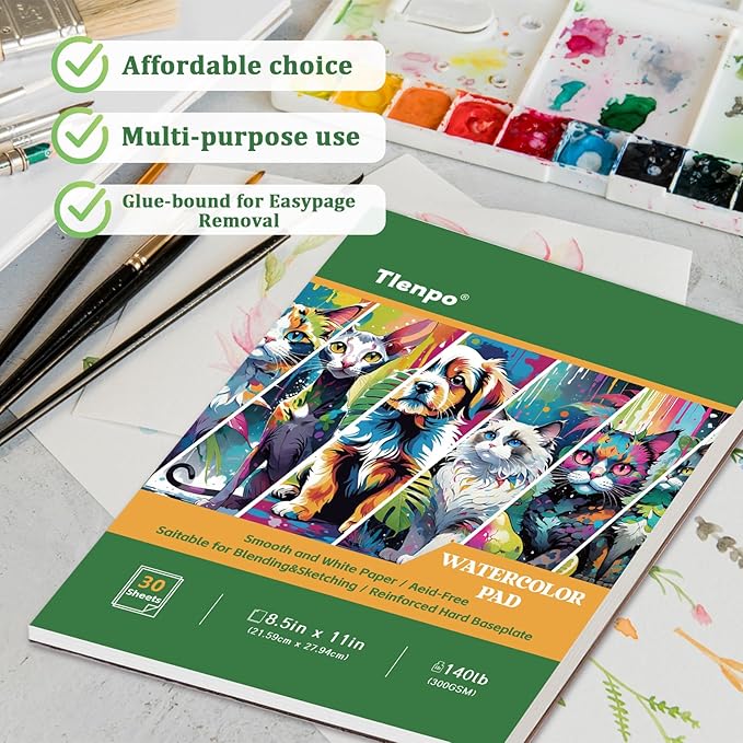 Tlenpo Watercolor Paper Pad, 8.5 x11 in, 30 Sheets Artist Painting Drawing Paper Book, Art Supplies for Adults Kids, 140lb/300gsm, Glue Bound Watercolor Sketchbook for Watercolors, Art Painting