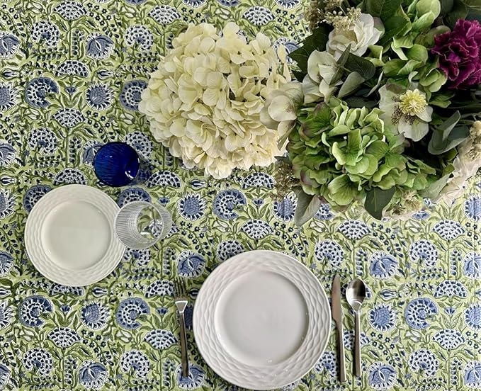 ATOSII Amara 100% Cotton Rectangle Fall Tablecloth, Handblock Floral Linen Table Cloth for Kitchen Dining Table I Parties Weddings Christmas I Fall Home Decor 60 X 108 Inches I 8 Seater