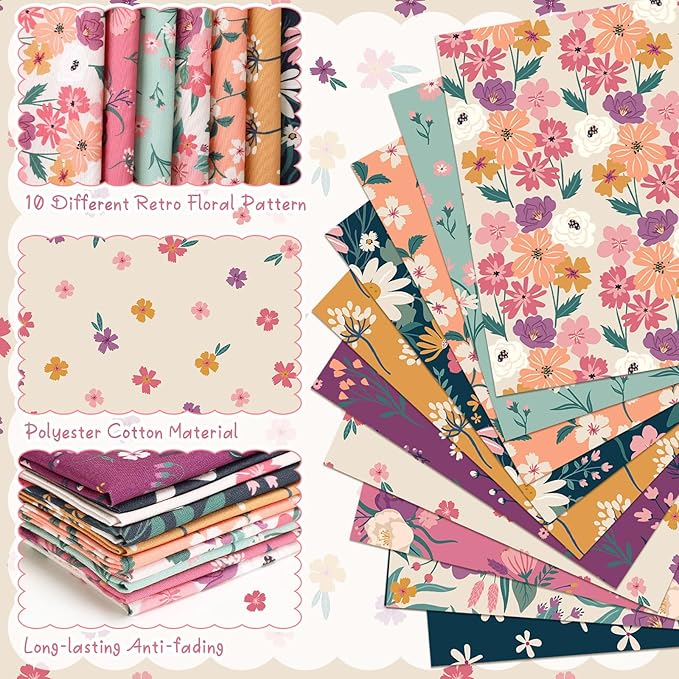 Hahafelt 10 Pcs Retro Floral Quilting Fabric Bundles 20 x 20 Inch Vintage Flower Fat Quarters by The Yard Squares Wildflower Fabrics Precut Patchwork for Spring Summer DIY Sewing Craft Party Decor