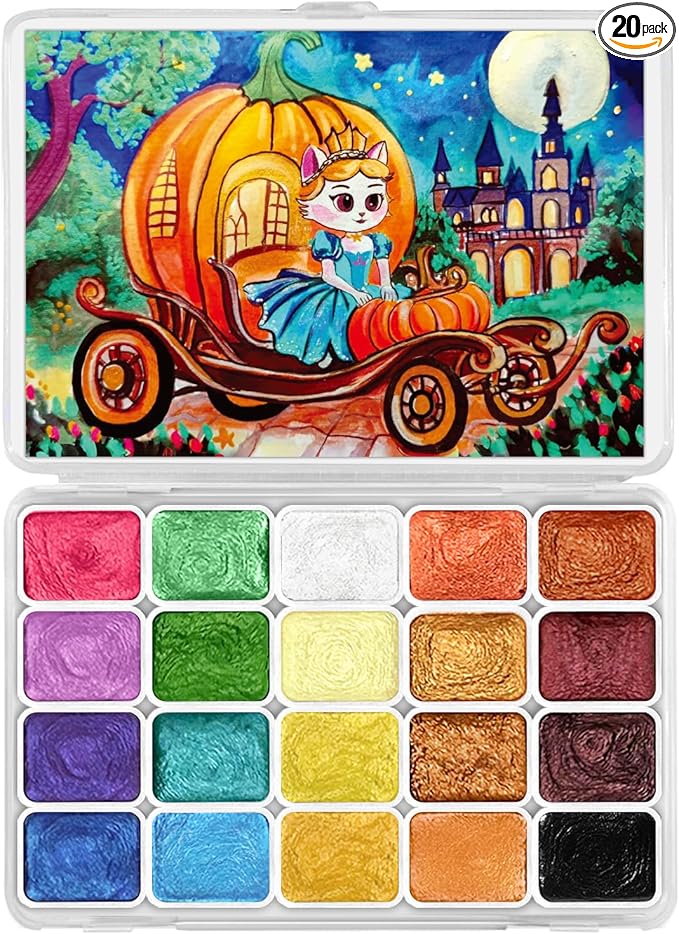 Mini Glitter Watercolor Paint Set, 20 Colors Shimmer Metallic Watercolour Painting Sets, Solid Pearl Water Color Paints for Adult, 1ml Trial Pack (Pumpkin Castle)