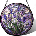 Stained Glass Window Hanging - Purple Flowers Suncatcher for Door Terrace Garden Home Decor Lavender Plant Floral Sun Catcher Birthday Gifts for Lovers Women Men Dad Mom Nana 6.3 in