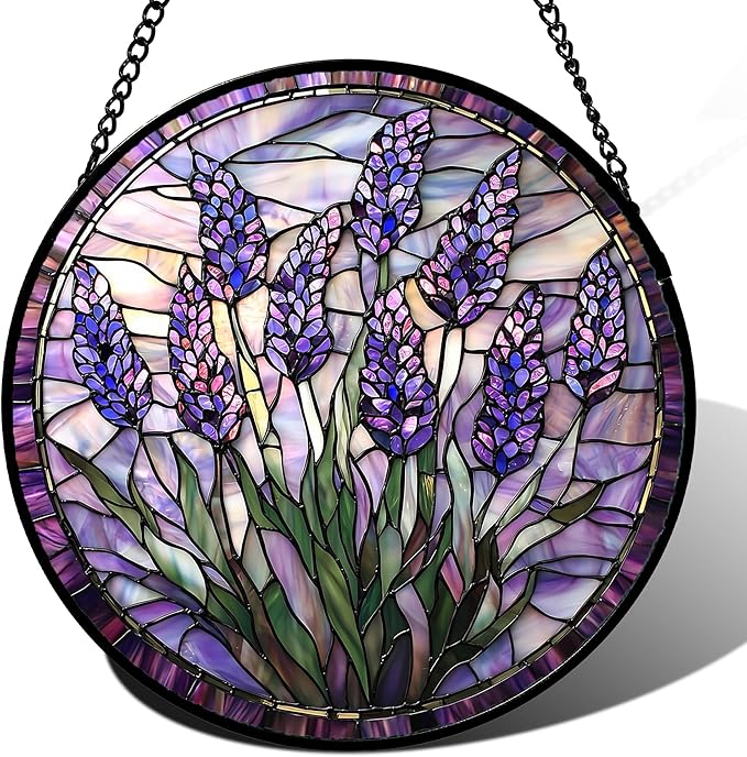 Stained Glass Window Hanging - Purple Flowers Suncatcher for Door Terrace Garden Home Decor Lavender Plant Floral Sun Catcher Birthday Gifts for Lovers Women Men Dad Mom Nana 9.8 in