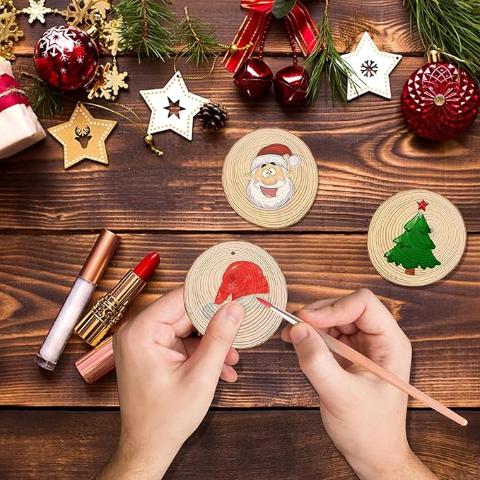 Wood Ornaments, Mathtoxyz Wood Slices 2.4-2.8 Inches 50 Pcs Rustic Unfinished Wood Log Discs Predrilled Wooden Circles for DIY Arts Crafts Halloween Christmas Ornaments Wedding