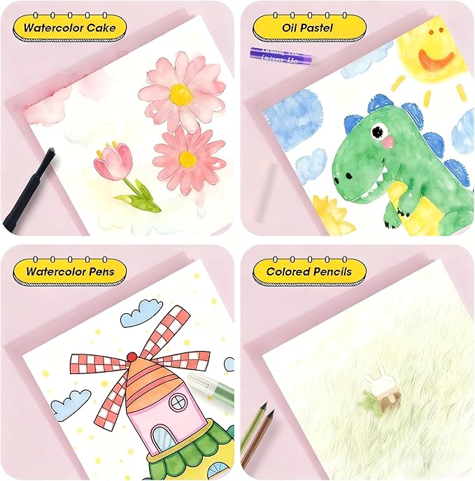 KIDDYCOLOR Kids Art Set, Drawing Art Supplies for Girls & Boys Ages 4-8 with Watercolor Cakes, Oil Pastels, Colored Pencils, Ideal Gift for Young Artist, Black-217pcs