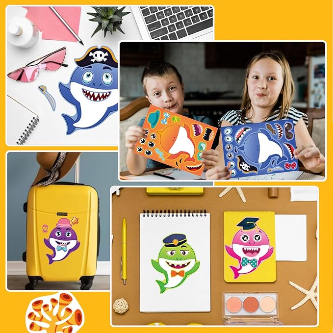 24 Sheets Make a Shark Stickers for Kids, Ocean Animals Arts and Crafts, Make Your Own Sea Animal Sticker for Party Favors, Summer Stickers for Kids Classroom Activities Teacher Reward