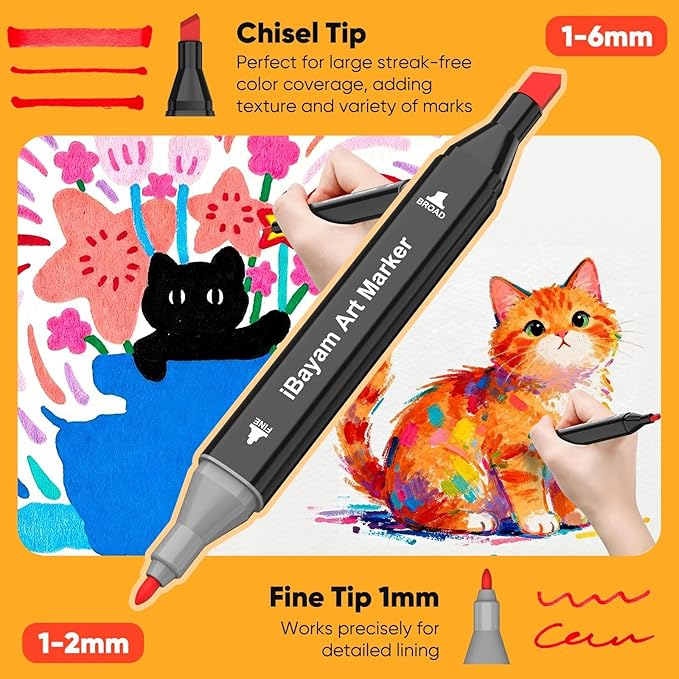 iBayam Alcohol Markers 48 Colors with Case & Holders, Dual Tips Chisel & Fine Art Markers for Adult Coloring Kids Drawing