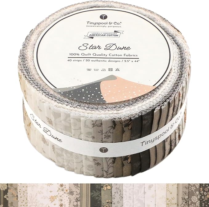 Tinyspool & Co. Jelly Roll Fabric Strips for Quilting, Crafting, and Sewing, 40 Strip Assorted Bundle, Soft Cotton for Blanket, Rug, Upholstery, Home Decor, and Purse Making, Star Dune