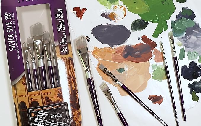Silver Brush Limited SK-8112S Silver Silk 88 Angle Set for Acrylic, Watercolor, Gouache, Inks, & Dyes, Set of 5 Angle Paintbrushes, Size 1/8, 1/4, 3/8, 1/2, and 3/4 Inch, Short Handle