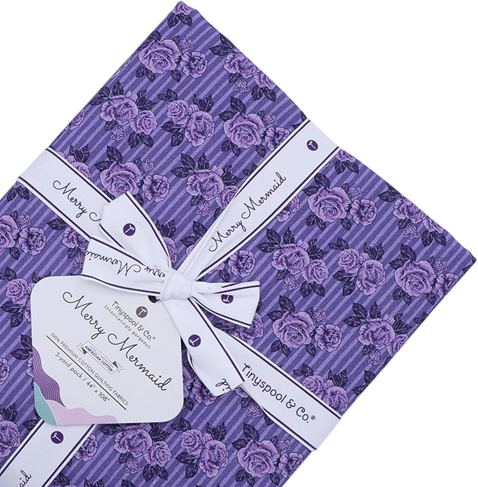 Tinyspool & Co. Quilting Bundle – Merry Mermaid Jelly Roll + 3-Yard Fabric for Each Print: No.19 – Lavender Rose, No.15 – Jade Flora, No.10 – Mint White