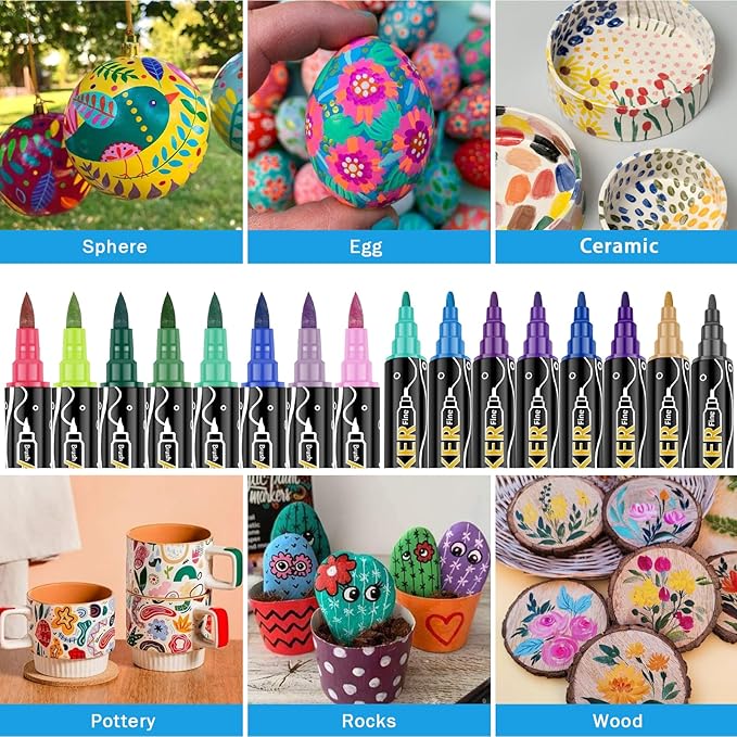 48 Colors Acrylic Paint Markers,Dual Tip Acrylic Paint Pens,Includes 12 Metallic Brush Tip Markers For Rock Painting, Christmas Decorations,Plastic,Pumpkin,Canvas And DIY Crafts Christmas Gifts