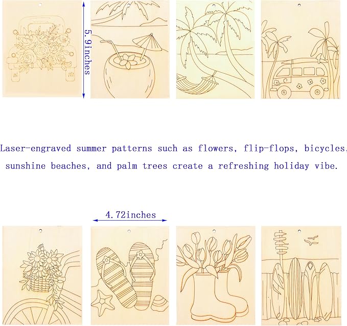 Piatoeke 16PCS 5.9×4.7in Unfinished Wooden Summer Cutouts Board for Kids Painting,Wood Crafts DIY Fun Things to Paint and Hang(Summer)