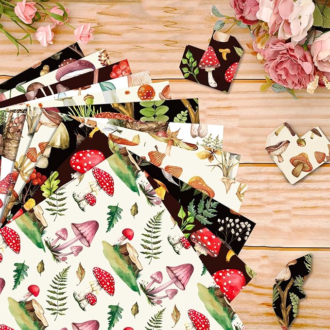 24 Sheets Mushroom Scrapbook Paper Pad Double-Sided Vintage Mushroom Squirrel Plants Moth Patterned Decorative Craft Paper for Card Making Photo Album Journal DIY Craft, 11.8'' x 11.8''