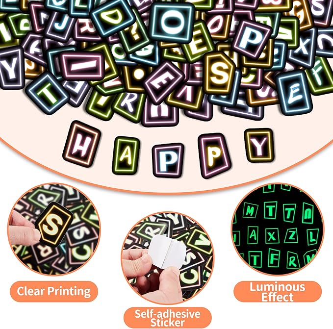 70 Pcs Alphabet Neon Stickers for Kids Glow in The Dark, Vinyl Letters A-Z Water Bottle Decals for Teens, Waterproof Skateboard Decor for Adults Kids Girls Boys