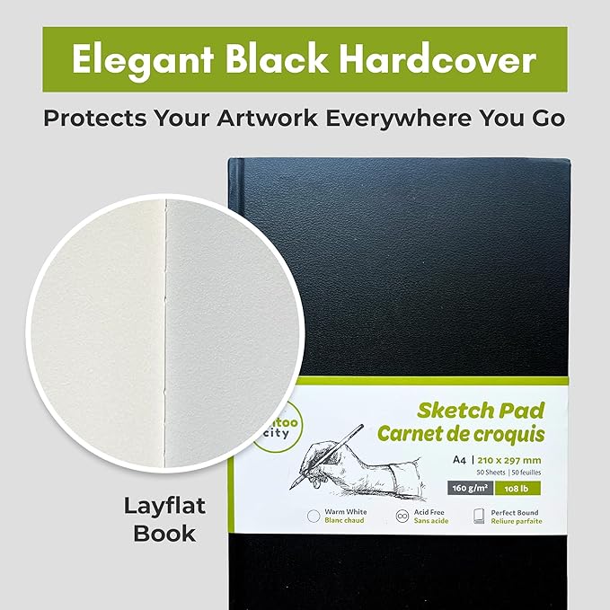 Cantoo City A4 Sketchbook, Professional Grade, Black Hard Cover Sketch Book, Art Drawing Book, Wood Free, Off White Thick Paper, Sketch Pad, Dry Media 100 Pages -160g/M² (108 Lb)