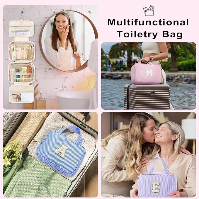 TOPEAST Travel Toiletry Bag for Women - Hanging Toiletry Bag Makeup Bag, Portable Toiletries Cosmetic Bag, Airplane Travel Essentials - Letter V, Pink