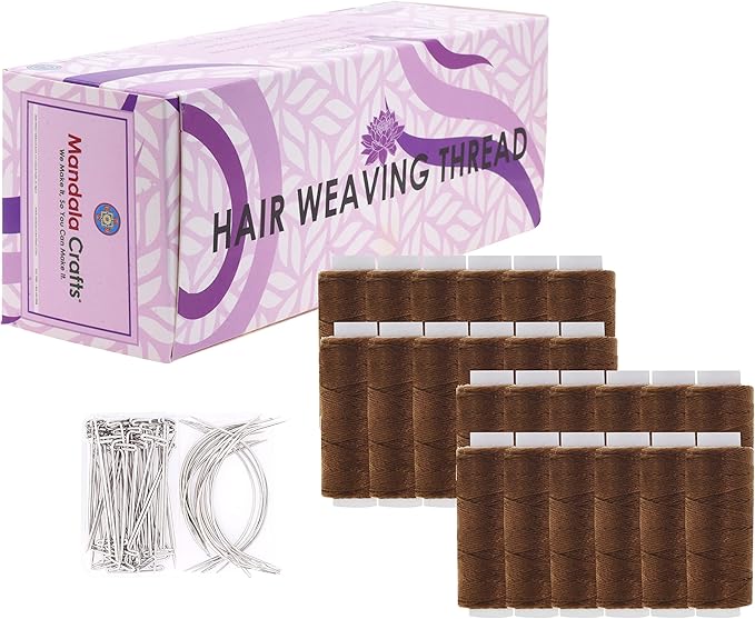 Mandala Crafts Weave Needle and Thread for Extensions – 24 Rolls of Brown Weaving Thread for Hair Sew in with 70 T Pins & Curved Needles for Wig Making and Hair Weft