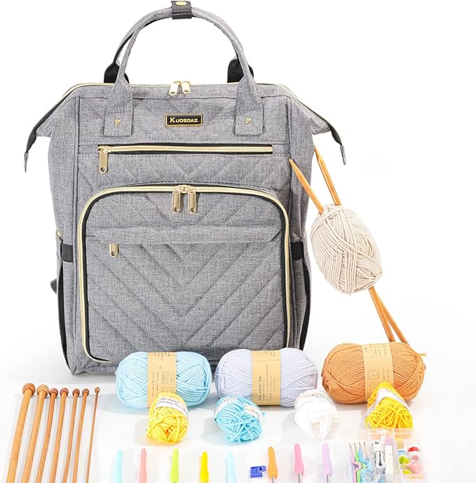 Knitting Bag Backpack, Crochet Bag Tote with USB Charging Port, Yarn Storage Organizer, Christmas Gifts Crochet Lovers Gift, Yarn Storage Tote Bag for Knitting & Crochet Accessories, Grey
