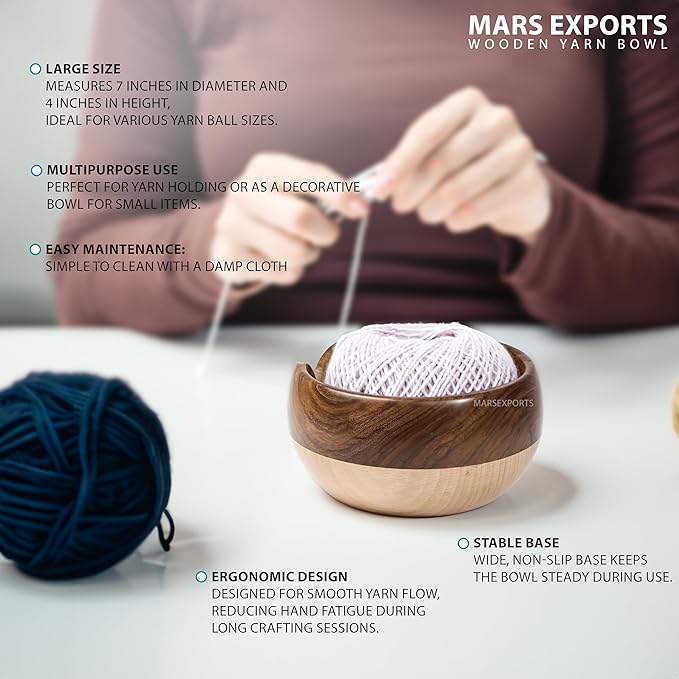 Wooden Yarn Bowl for Crocheting & Knitting – Large Yarn Holder Organizer for Beginners & Adults, Smooth Wood Bowl for Yarn, Needles, Hooks & Craft Tools