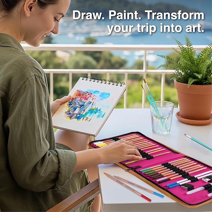 COLOUR BLOCK Watercolor Pencil Travel Art Set I 34pc Professional Drawing Kit, 50Sheets Drawing Pad, Paint Brushes I Vibrant Pigments for Coloring, Blending