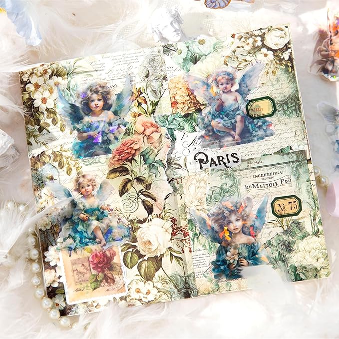60-Piece Vintage Holographic Cherub Angel Fairy Scrapbook Stickers – Waterproof Transparent Decorative Sticker Pack for Journals, Planners, DIY Crafts, Gifts & Albums, Scrapbooking & Cardmaking
