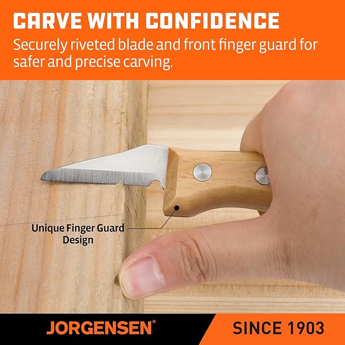 Jorgensen 3-Piece Wood Carving Tools, Stainless Steel Whittling Knife Set with Canvas Pouch, Protective Blade Cover, Ergonomic Curved Handle - Professional Wood Carving Kit for Beginners