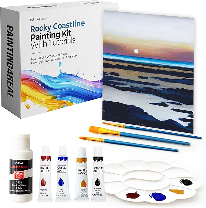 Painting4Real DIY Art Painting Kit for Adults – Learn to Paint Rocky Coastline with Video Tutorials – 9 Pieces Acrylic Paint Set for Adults –Perfect Christmas Crafts & Holiday Gifts for Art Lovers