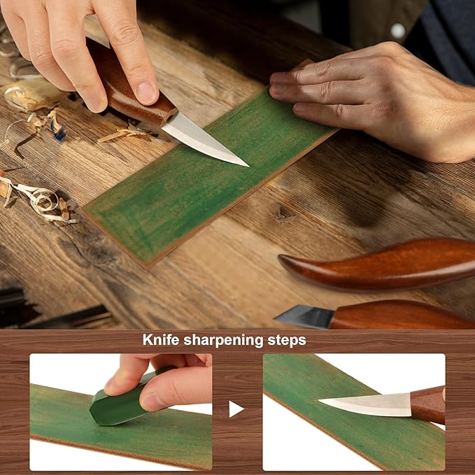 Wood Carving Knife With Leather Strop and Polishing Compound, Wood Whittling Tools for Beginners, Adults and Kids Whittling Tools (Sloyd Carving Knife)