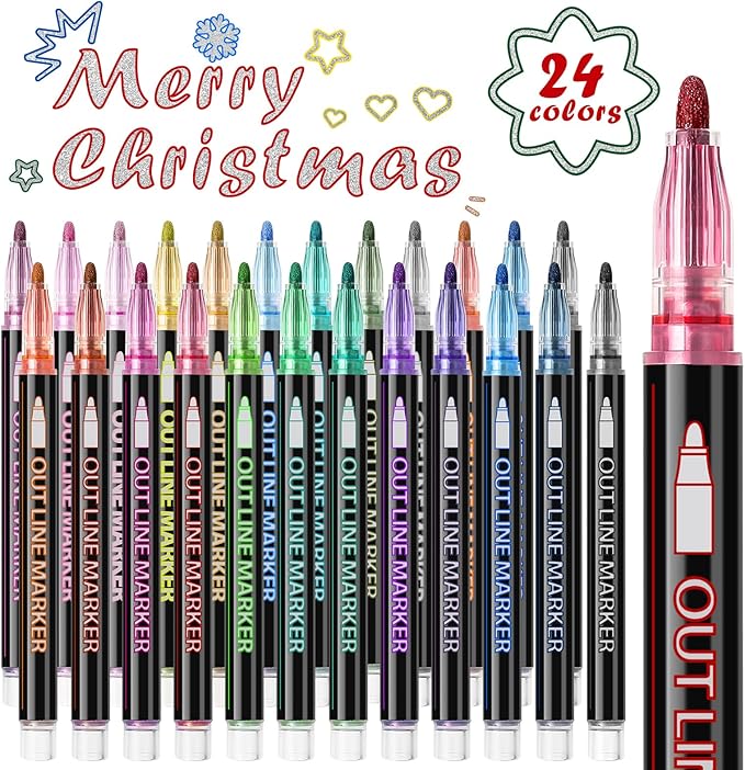 Shimmer Markers Double Line Outline Markers, 24 Colors Metallic Glitter Pens Set for Drawing, Art Supplies, Arts Crafts, Gifts for 4-12 Year Old Girl Kids Teens
