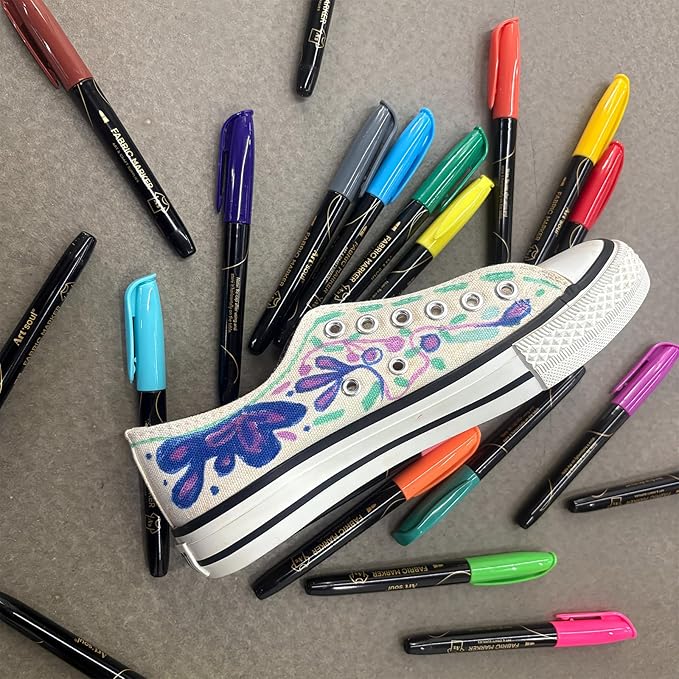 Art+soul Fabric Markers 20 Colors: No-Iron, Air-Dry Overnight for Color Fix, Color-Lasting. 10+ Machine Wash-Resistant. Great for T-Shirts, Textiles, Canvas Bags & Shoes