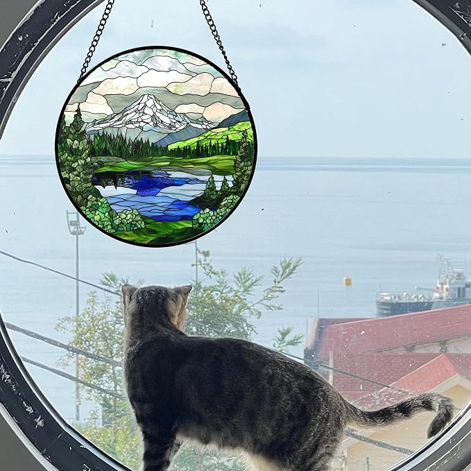 Stained Glass Window Hanging 4 Pcs Set Mountains Lake Green White Landscape 6.3" - Suncatcher Door Garden Sun Catcher Decor Birthday Christmas for Mom Woman Nana Men