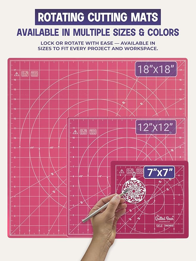 The Quilted Bear Rotating Cutting Mat 7" x 7" - Locking & Rotating Self Healing Cutting Board for Sewing, Fabric & Effortless Quilting - 360 Degree Sewing Supplies Mat for Craft Table (Pink)